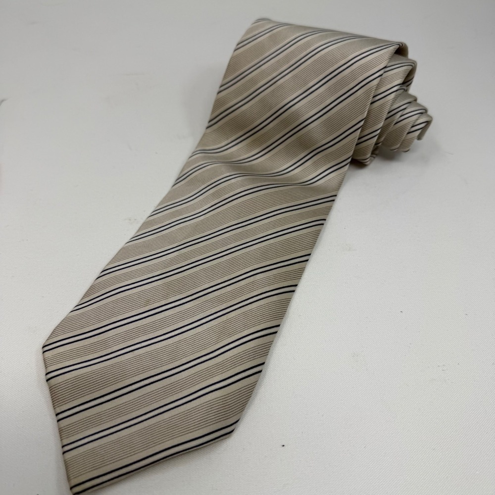 Vitaliano Pancaldi Italy Mens Silk Tie Champagne Navy Blue Striped Wide 4 Inch